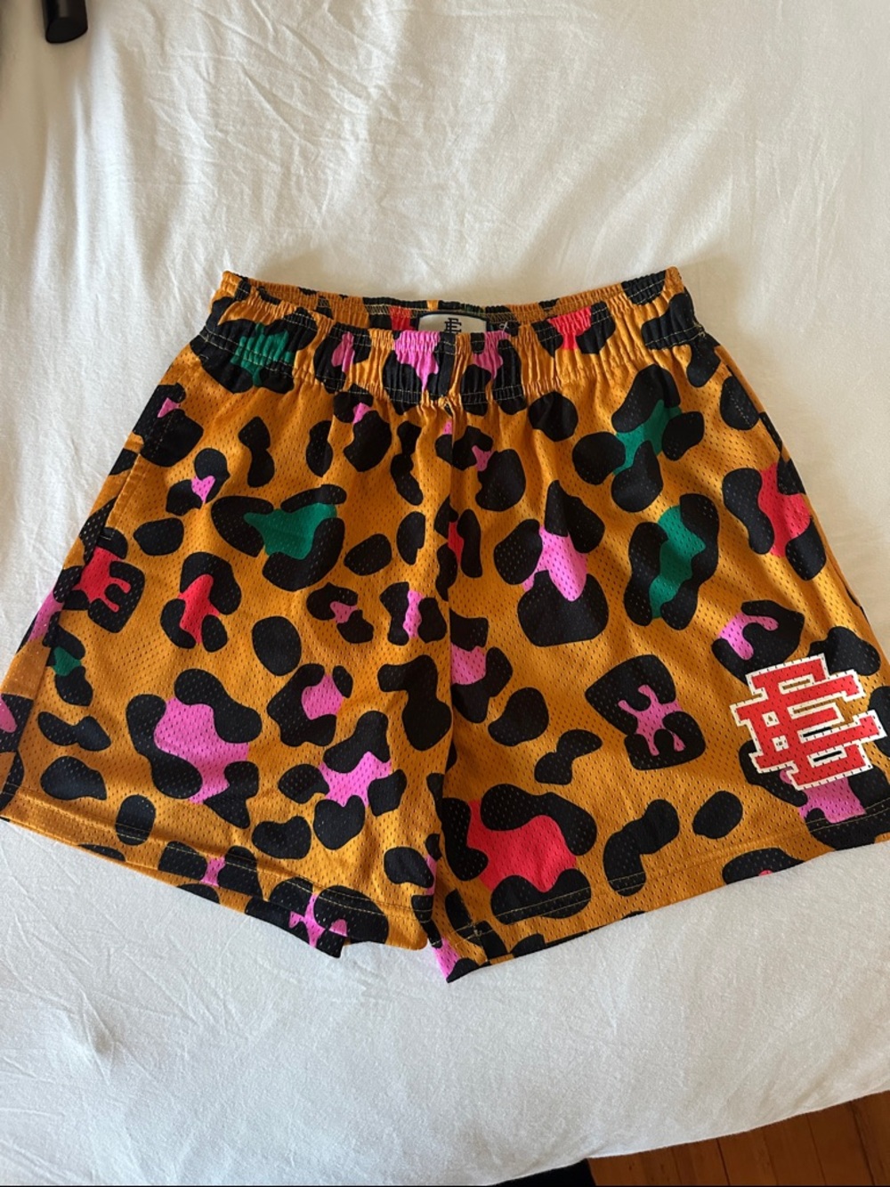 Eric Emanuel Mustard Leopard-Print Athletic Shorts with Pink & Green Accents